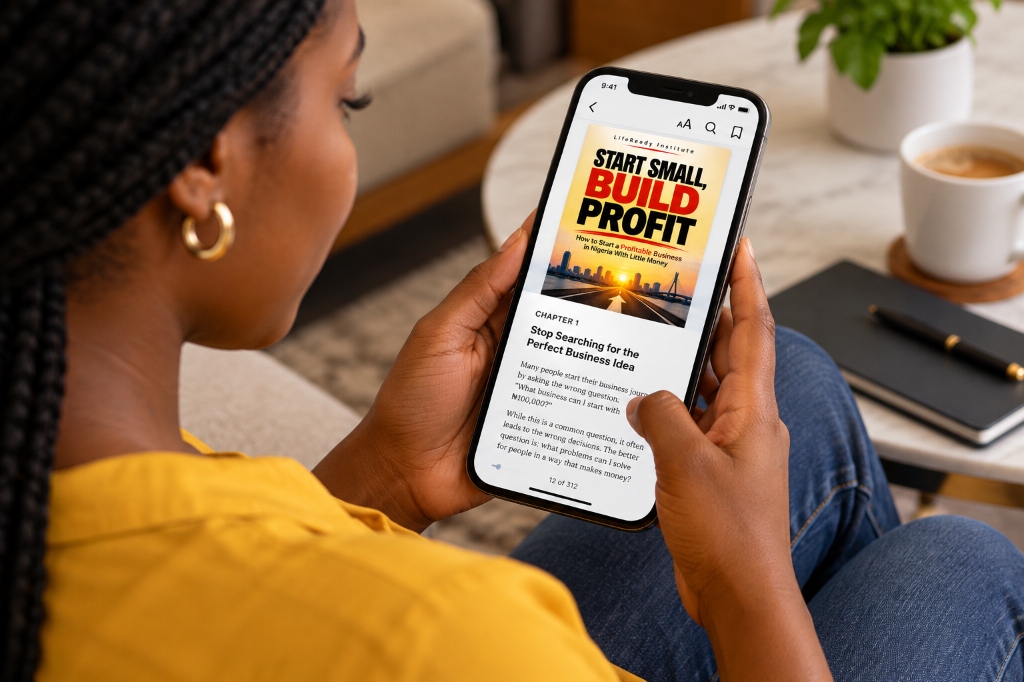 Temitope reading Start Small, Build Profit on phone in Lagos